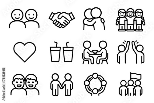 Friendship Icons Set. Friendship. Line icon set of friendship: two people smiling, handshake, hugging friends, group of kids, heart, shared drink, shared meal,