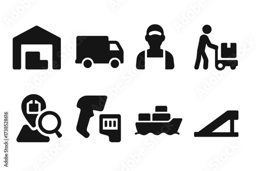 Shipping Logistics Icons. Solid, filled icon set of shipping logistics: warehouse building, delivery van, truck driver, cargo loading, shipment tracking,