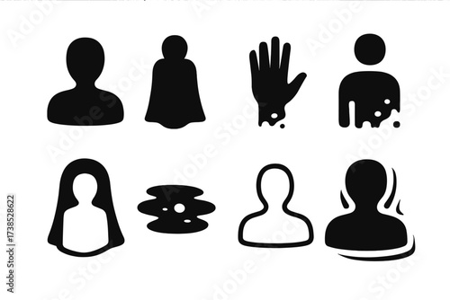 Invisibility Icon Set. Solid, filled icon set of invisibility powers: invisible figure, cloaked silhouette, vanishing hand, fading body, transparent cloak,