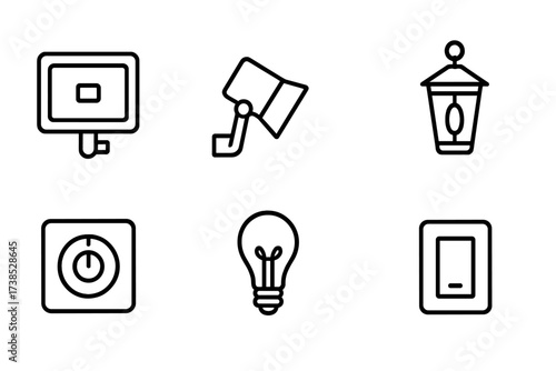 Outdoor and Electrical Icons. Outline icon set of outdoor lighting: floodlight, spotlight, LED strip, lantern, dimmer, light bulb, reflector, light switch.