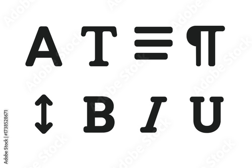 Typography Icon Set. Solid, filled icon set of typography design: letter A, font style, text alignment, paragraph, spacing, bold, italic, underline. [Line