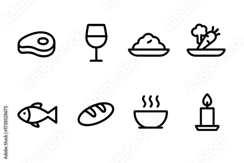 Dinner Icon Collection. Outline icon set of dinner: steak, wine glass, mashed potatoes, vegetables, fish, bread loaf, soup, candle. Line icons in only black