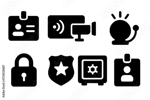 Office Security Icons. Solid, filled icon set of office security: ID card, keycard, CCTV camera, alarm, lock, security badge, safe, visitor pass. [Solid,