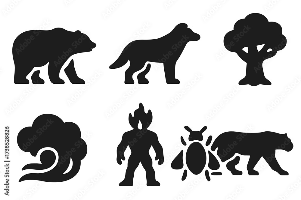 Naklejka premium Druid Shape-shifting Icons. Solid, filled icon set of druid shape-shifting forms: bear form, wolf form, bird form, tree form, mist form, elemental body, insect
