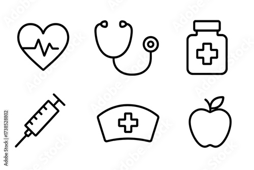 Family Health Icons. Outline icon set of family health: heartbeat, stethoscope, first aid kit, medicine bottle, vaccine syringe, nurse cap, health chart,