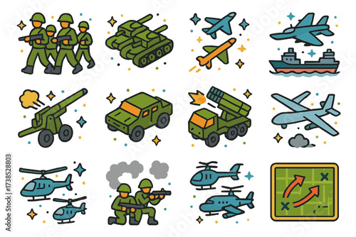 Isometric Military Icons. Enemy forces advancing. Colorful isometric vector icons set of enemy forces advancing: marching soldiers, advancing tanks, fighter