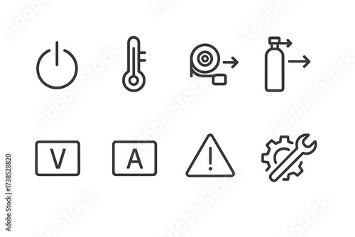 Welding Machine Indicator Icons. Outline icon set of welding machine indicators: power on, thermal overload, wire feed speed, gas flow, voltage, amperage,