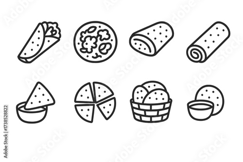 Outline Icon Sets. Outline icon set of flatbread serving styles: folded wrap, open-faced, stuffed bread, rolled sandwich, dipped flatbread, cut slices, bread