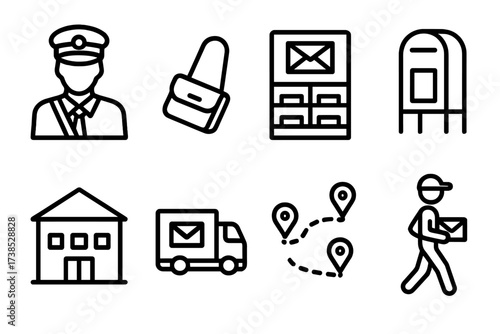 Postal Delivery Icons. Outline icon set of stamp delivery: postal worker, mailbag, sorting machine, mailbox, post office, delivery truck, mail route, courier.