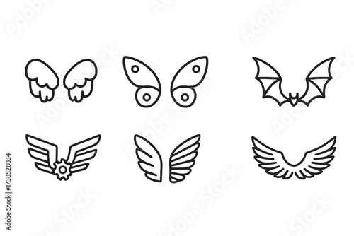 Wing Icon Set. Outline icon set of wings: angel wings, bird wings, butterfly wings, bat wings, dragon wings, mechanical wings, feather wings, spread wings.