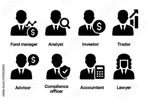 Hedge Fund Icons. Solid, filled icon set of hedge fund players: fund manager, analyst, investor, trader, advisor, compliance officer, accountant, lawyer.