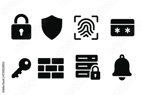 Transaction Security Icons. Solid, filled icon set of transaction security: padlock, shield, fingerprint scan, two-factor authentication, encryption key,