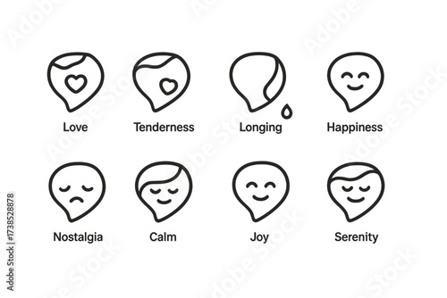 Outline Icon Collection. Outline icon set of rose petals emotions: love, tenderness, longing, happiness, nostalgia, calm, joy, serenity. Line icons in only