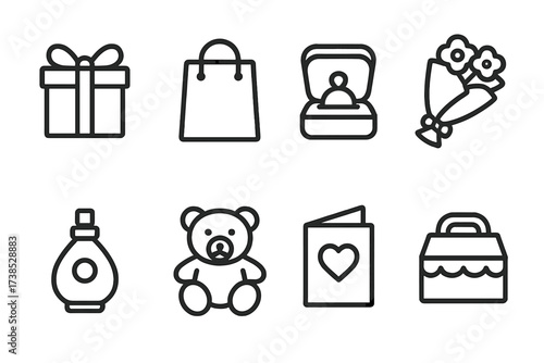 Anniversary Gift Icons. Outline icon set of gifts and presents for anniversary: wrapped gift, gift bag, jewelry box, bouquet, perfume bottle, teddy bear,