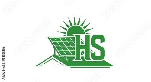 Green energy logo concept featuring solar panel roof and sun shining illustration