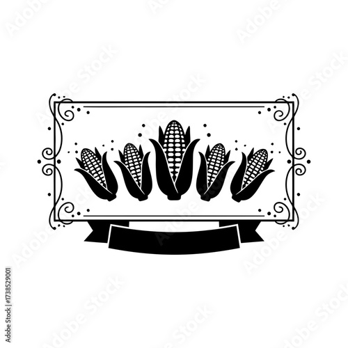Vector art of black and white illustration of corn cobs in a decorative frame with a banner