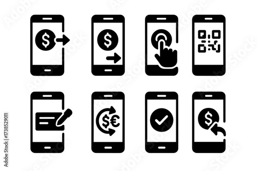 Mobile Banking Icons. Solid, filled icon set of mobile banking transactions: send money, receive money, request payment, scan QR code, deposit check, currency