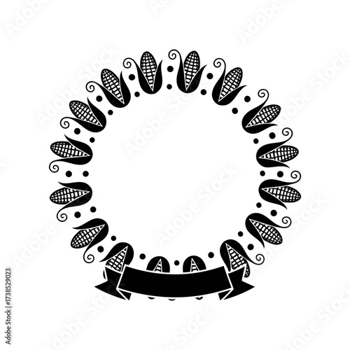Vector art of black and white illustration of a circular wreath made of corn cobs and dots with a banner below