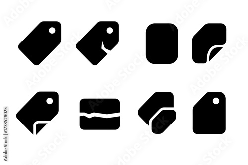Label States Icons. Solid, filled icon set of label states: new label, damaged tag, faded sticker, peeling label, folded tag, torn sticker, replaced label,