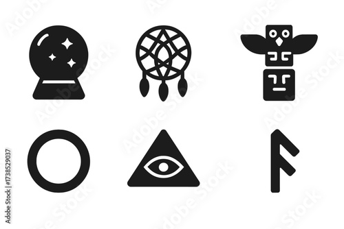 Mystical Symbol Icons. Solid, filled icon set of spirit world symbols: crystal ball, pentagram, dreamcatcher, totem pole, sacred circle, eye of providence,