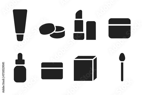 Lip Care Icons. Solid, filled icon set of lip care packaging: tube, pot, stick, jar, bottle, container, box, applicator. Solid, filled icons in only black