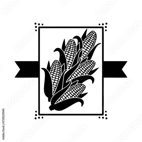 Vector art of black and white graphic of corn cobs in a frame with a ribbon