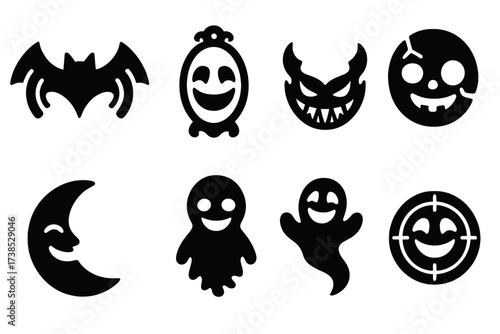 Eerie Laughter Icons. Solid, filled icon set of eerie laughter symbols: bat with sound waves, haunted mirror smile, demonic mouth, cracked doll face, grinning