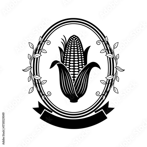 Vector art of vintage corn cob emblem with decorative leaves and a banner