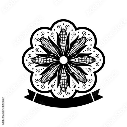 Vector art of floral mandala design with corn cobs and decorative elements