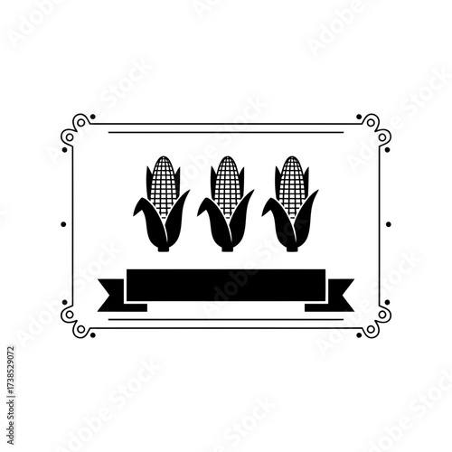 Vector art of three stylized corn cobs in a decorative frame with a banner below