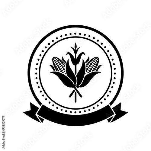 Vector art of circular emblem with a bouquet of corn cobs and leaves