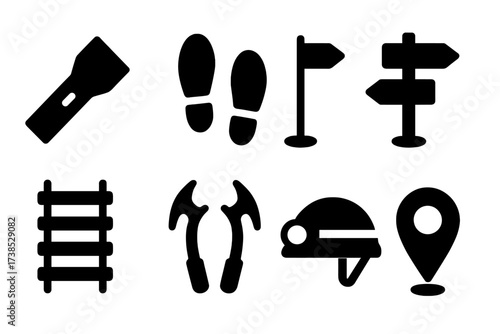 Cave Navigation Icons. Solid, filled icon set of cave navigation: flashlight, footprints, markers, trail signs, rope ladder, climbing spikes, helmet light, map
