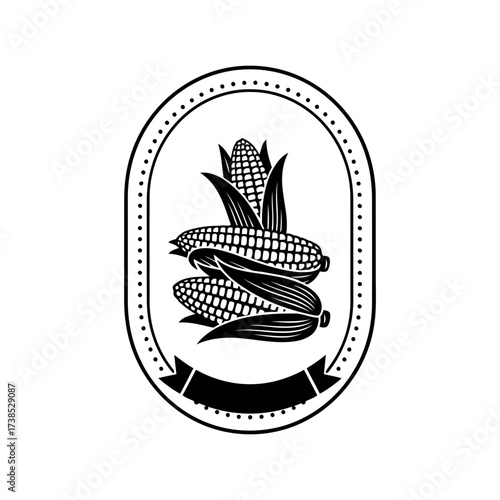 Vector art of stack of three stylized corn cobs in an oval frame with a banner below