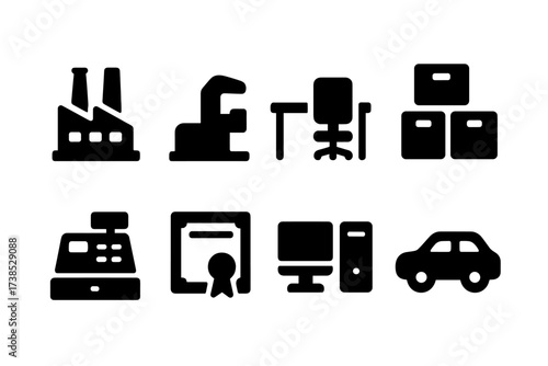 Liquidation Assets Icons. Solid, filled icon set of liquidation assets: factory building, machinery, office furniture, inventory boxes, cash register, stock