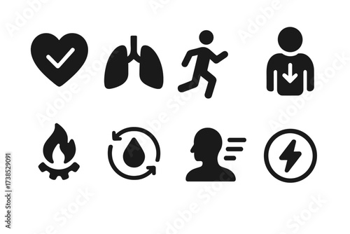 Cardio Health Icon Set. Solid, filled icon set of cardio health benefits: heart health, lung capacity, endurance, weight loss, metabolism boost,