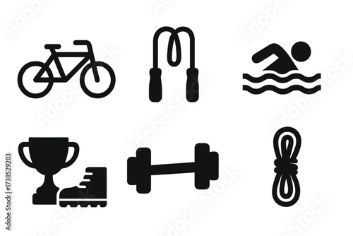Active Lifestyle Icons. Solid, filled icon set of active lifestyle: bicycle, jump rope, hiking boot, swimming figure, sports trophy, dumbbell, stopwatch,