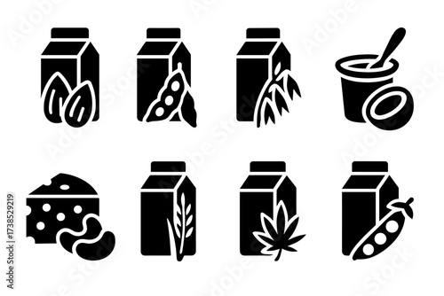 Plant-Based Dairy Icons. Solid, filled icon set of plant-based dairy alternatives: almond milk, soy milk, oat milk, coconut yogurt, cashew cheese, rice milk,