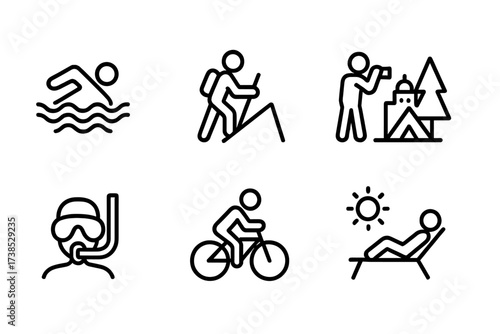 Vacation Activity Icons. Outline icon set of vacation activities: swimming, hiking, sightseeing, camping, snorkeling, biking, sunbathing, shopping. Line icons