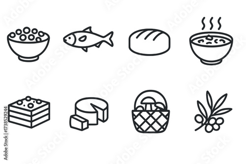 Baltic Icons Collection. Outline icon set of Latvian food: grey peas, smoked fish, black bread, rye soup, honey cake, Latvian cheese, mushroom basket, sea