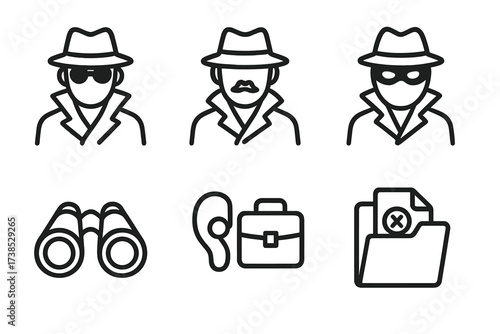Secret Agent Icons. Outline icon set of secret agents: spy, detective, masked figure, binoculars, earpiece, briefcase, trench coat, secret documents. [Line