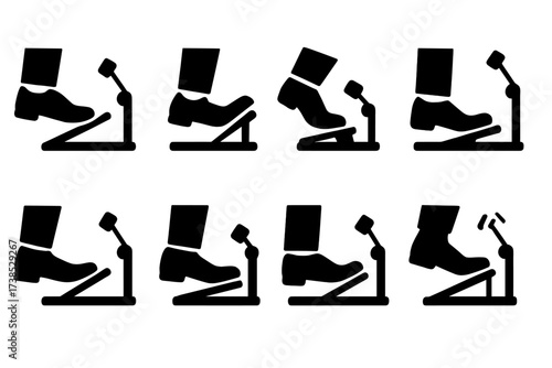 Double Pedal Techniques Icons. Solid, filled icon set of double pedal playing techniques: heel-toe, slide, swivel, finger control, ankle technique, heel-up,