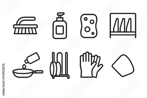 Pan Care Icons. Outline icon set of pan cleaning and maintenance: scrub brush, soap bottle, sponge, drying rack, oiling pan, storage rack, gloves, pan scraper.
