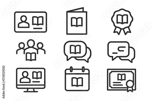 Book Club Icons. Outline icon set of book club membership: ID card, invitation, badge, group photo, chat, online profile, calendar reminder, membership