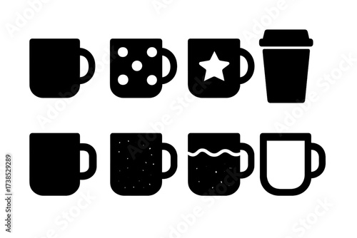 Mug Design Icons. Solid, filled icon set of mug designs: plain mug, patterned mug, logo mug, travel mug with lid, handle shape, textured surface, ceramic