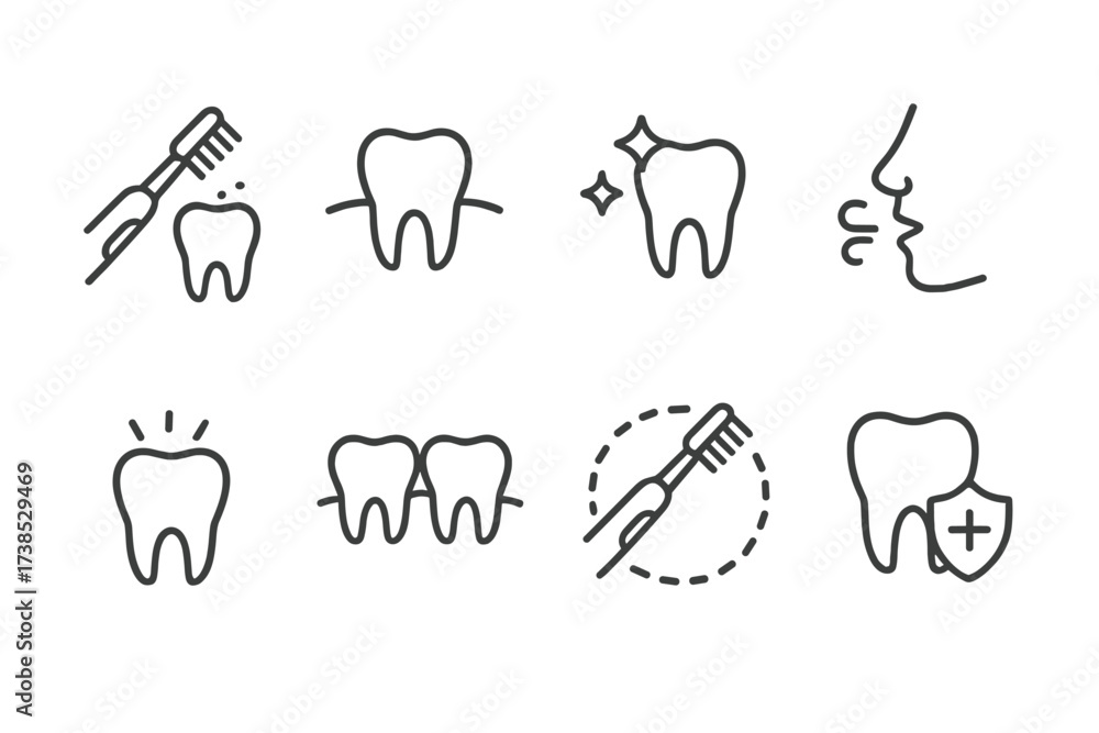 Obraz premium Oral Care Icon Set. Outline icon set of electric toothbrush oral care benefits: plaque removal, gum health, whitening, fresh breath, sensitive teeth care,
