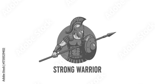 Illustration of a strong spartan warrior with spear and shield in vintage style