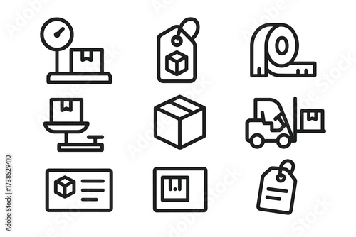 Package Weight Icons. Outline icon set of package weight: parcel scale, weight tag, barcode label, measuring tape, balance scale, cargo box, forklift, shipping