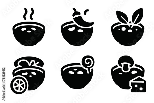 Bean Stew Flavor Icons. Solid, filled icon set of bean stew flavors: smoky, spicy, savory, herbal, tangy, sweet, umami, rich. [Line icons in only black color.