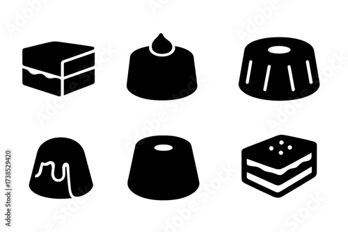 Cake Icon Collection. Solid, filled icon set of cake types: sponge cake, mousse cake, chiffon cake, bundt cake, lava cake, carrot cake, angel food cake,