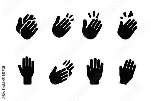 Clapping Icons Set. Solid, filled icon set of clapping hand actions: slow clap, fast clap, rhythmic clap, applause burst, hand raise, palm strike, double clap,